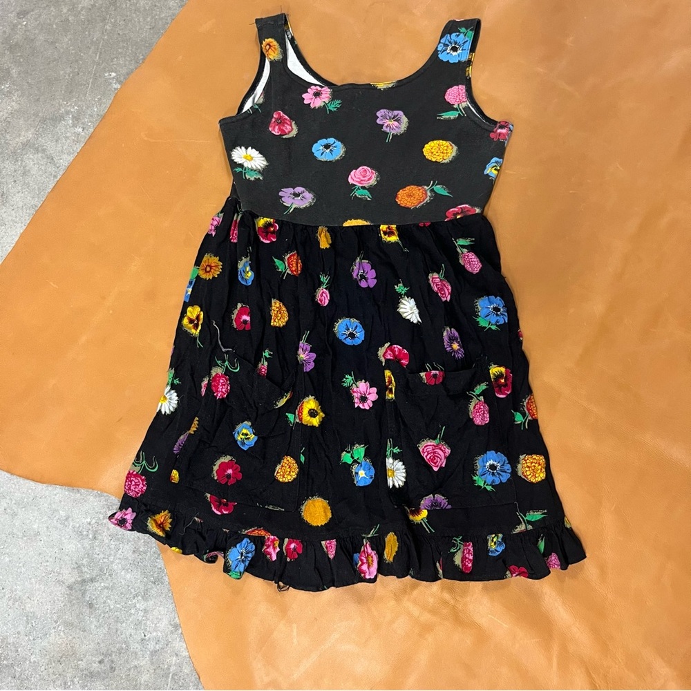 Vintage 90s Betsey Johnson Floral Black Mini Dress L USA